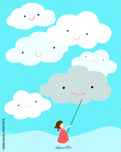 girl positive thinking draw smile on cloud vector