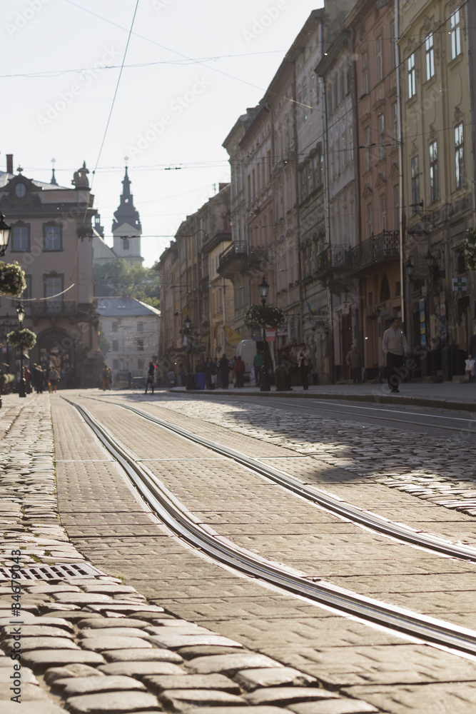 Lviv, Ukraine-June 7,2015: Tram line in the ancient center of th