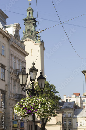 Vintage lantern on square in Lviv