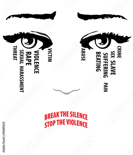 Woman cries, eyes with tears. Break the silence, stop the violence words form her lips. Stop violence against women concept. 
