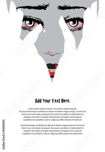 Unhappy woman cries covering face with hands. Eyes filled with tears. Stop violence against women concept. Simple but powerful two colors and negative space design. Illustration.