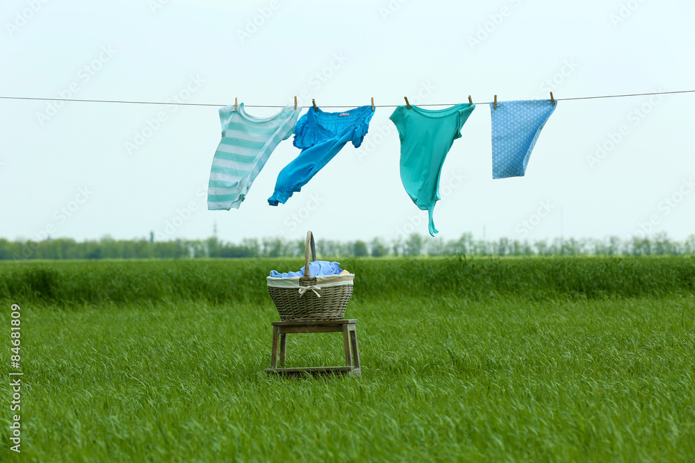 Obraz premium Laundry line with clothes in field