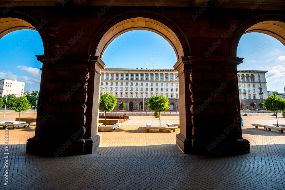 Fototapeta premium Ensemble of three Socialist Classicism edifices in Sofia