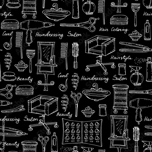 Vector seamless pattern on the theme of hairdressing salon with hand drawn salon symbols on black background. Background for use in design, web site, packing, textile, fabric
