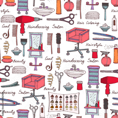 Vector seamless pattern on the theme of hairdressing salon with hand drawn salon symbols. Background for use in design, web site, packing, textile, fabric