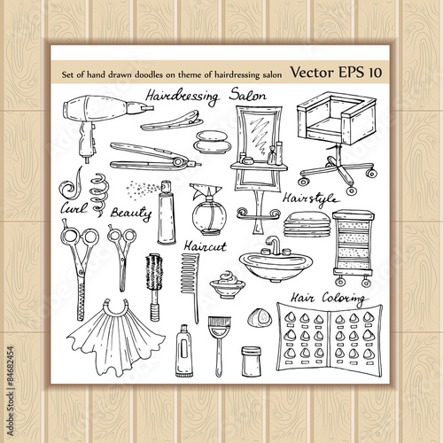 Vector set of hand drawn doodles on the theme of hairdressing salon on white background. Sketches for use in design