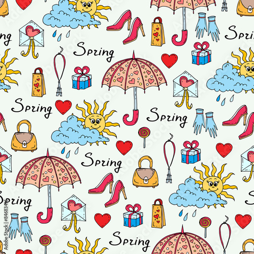 Vector seamless pattern on the theme of spring with hand drawn spring symbols. Background for use in design, web site, packing, textile, fabric