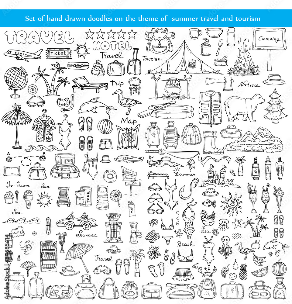 Vector set of hand drawn doodles on the theme of summer travel and tourism on white background. Sketches for use in design Vector set of hand drawn doodles on the theme of summer travel and tourism on white background. Sketches for use in design