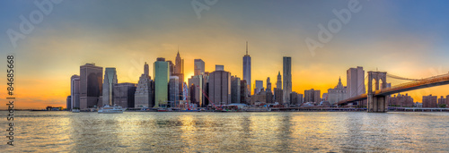 Panorama view of New York City downtown skyline and Brooklyn bri
