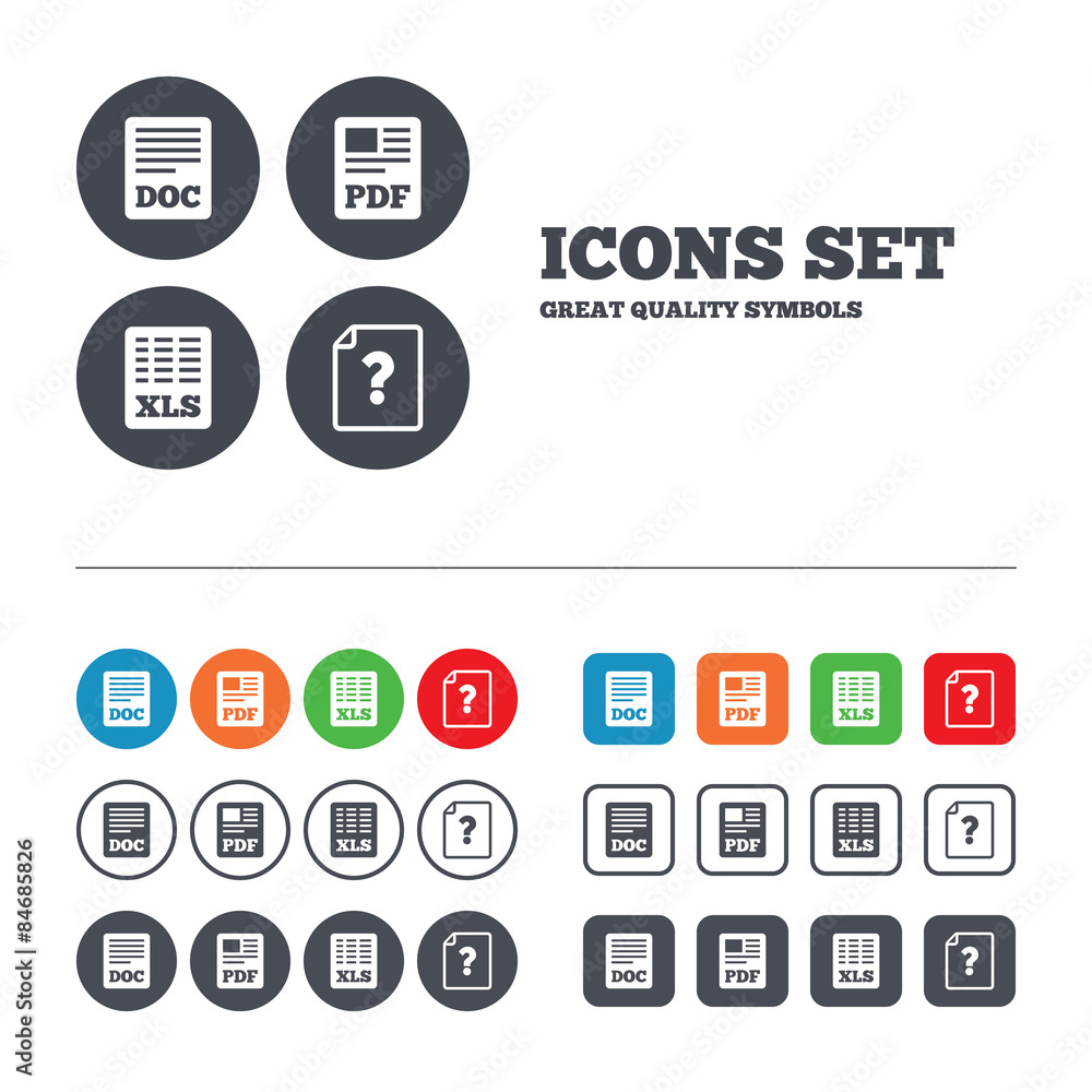 Document icons. XLS, PDF file signs. Document icons. XLS, PDF file signs.