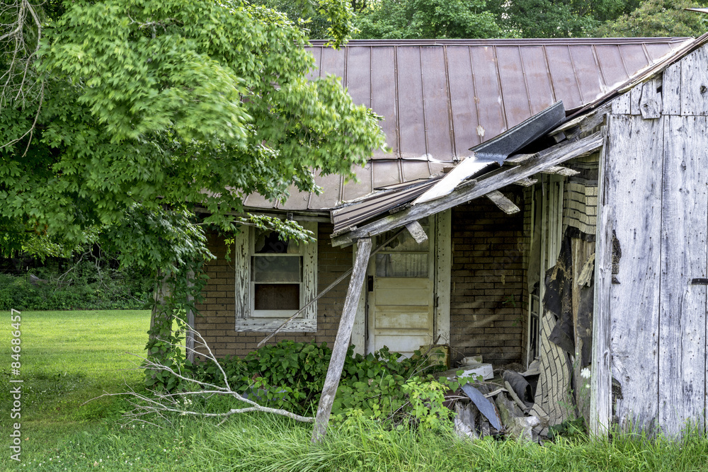 Rundown shack with tree blowing in wind Rundown shack with tree blowing in wind