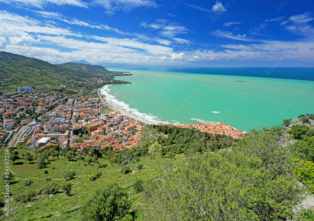 Panoramic view of village Cefalu and ocean