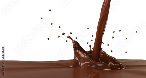 Hot chocolate splash with pouring, isolated on white.