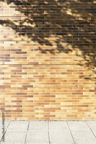 Bricks wall with tree shadow and gray sidewalk