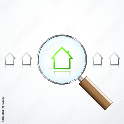 Magnifying glass and houses. Property search