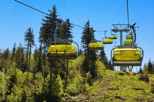 SZCZYRK, POLAND - JUBNE 6 -Yellow cable car on skrzyczne mountain in poland