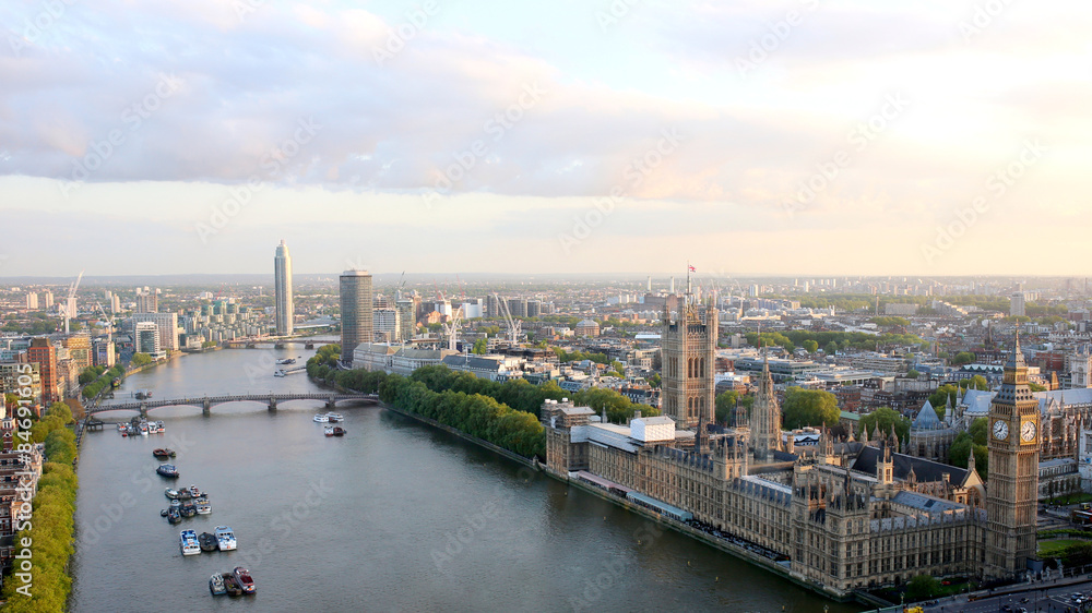 Naklejka premium Beautiful panoramic scenic view on London's southern part from window of London Eye tourist attraction wheel cabin: cityscape, Westminster Abbey, Big Ben, Houses of Parliament and Thames river