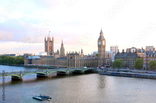 Beautiful panoramic scenic view on London's southern part from window of London Eye tourist attraction wheel cabin: cityscape, Westminster Abbey, Big Ben, Houses of Parliament and Thames river