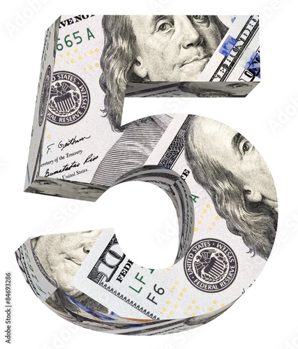 Number from dollar bill alphabet set isolated over white. 