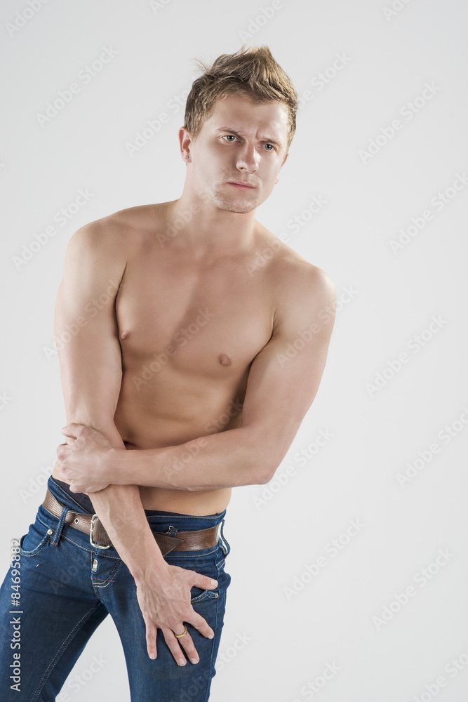 Fototapeta premium Portrait of Caucasian Handsome Man With Naked Torso