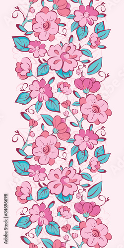 Vector pink blue kimono flowers vertical border seamless pattern