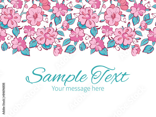 Vector pink blue kimono flowers horizontal border greeting card