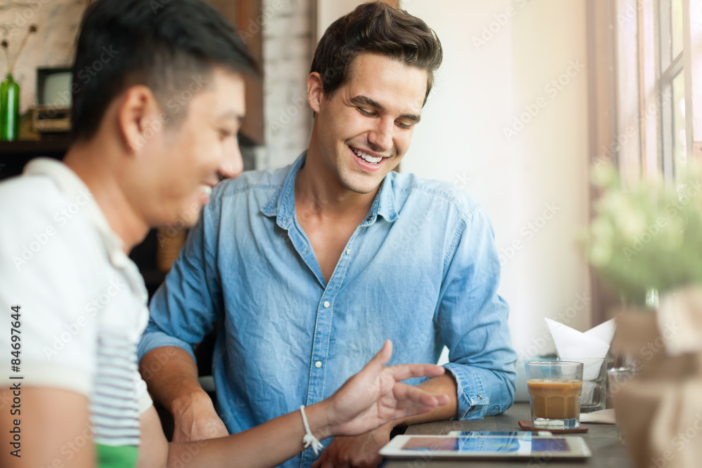 Two Men Using Tablet Computer Internet, Asian Mix Race Friends Two Men Using Tablet Computer Internet, Asian Mix Race Friends