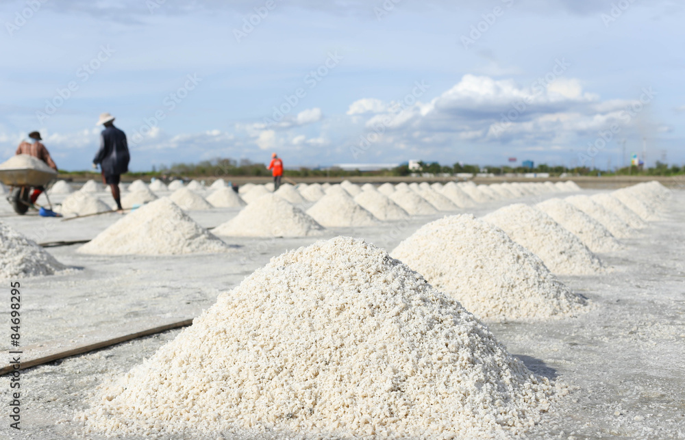 Pile of salt in the salt pan in Thailand