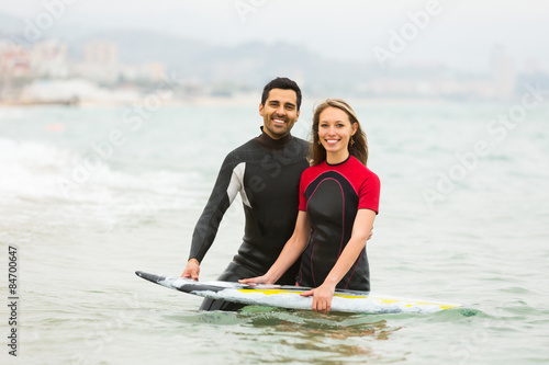 Couple in wetsuits with surf boards