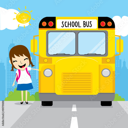Girl student go to school by school bus in the morning kid cartoon design vector