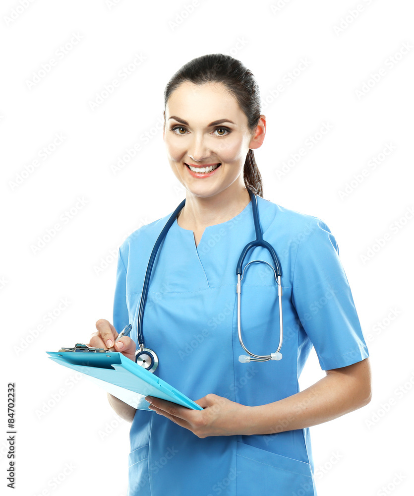 Beautiful doctor woman isolated on white Beautiful doctor woman isolated on white