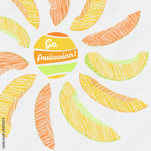 'Go Fruitarian!' card. Vegeterian banner with scratched melon.