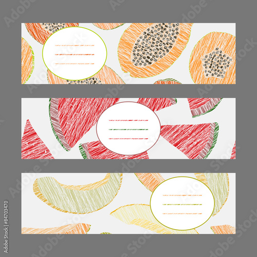 Horizontal Fruit Banner Set. Papaya, melon and watermelon. 
