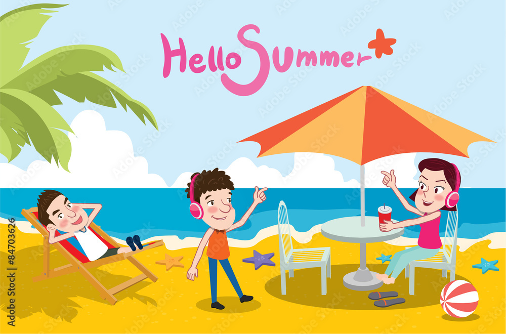 Summer holidays vector illustration,flat design beach and listening to music concept