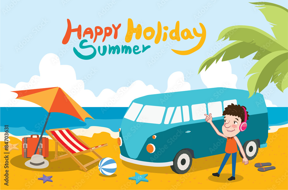 Fototapeta premium Summer holidays vector illustration,flat design listening to musicand beach concept