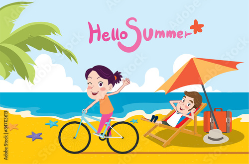Summer holidays vector illustration,flat design beach and riding bike concept