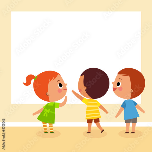 illustration image of children looking at blank board with copy space