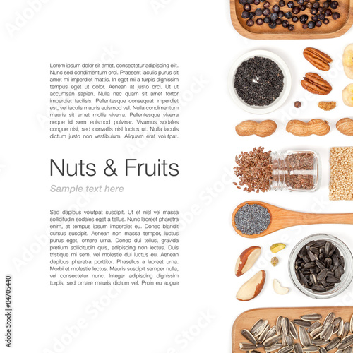 nuts and dried fruits on white background