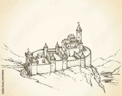 Castle Romanesque style. Vector drawing