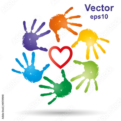 Vector conceptual children painted hand print and heart isolated