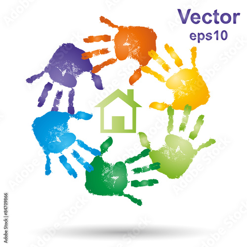 Vector conceptual children painted hand print and house symbol