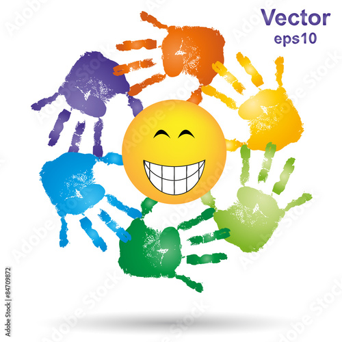 Vector conceptual children painted hand print and sun symbol