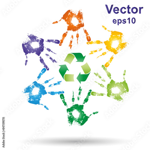 Vector conceptual children painted hand print and recycle symbol