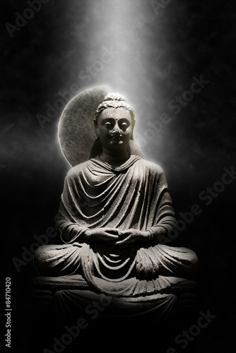 Stone Sitting Buddha Statue Lit from Above