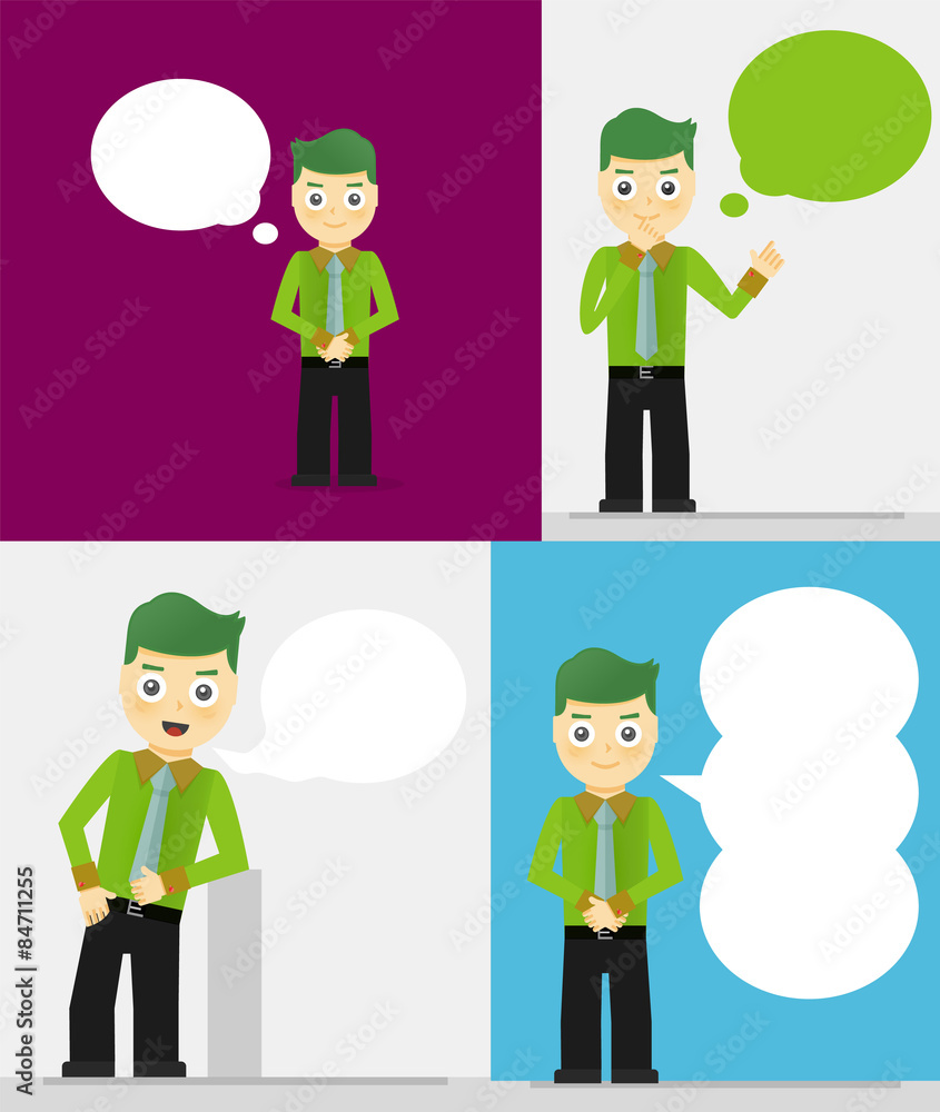 Set of young businessmen with speech bubbles. Talking, thinking Set of young businessmen with speech bubbles. Talking, thinking