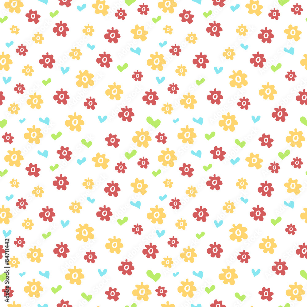 Seamless pattern with colored flowers and hearts. Simple style