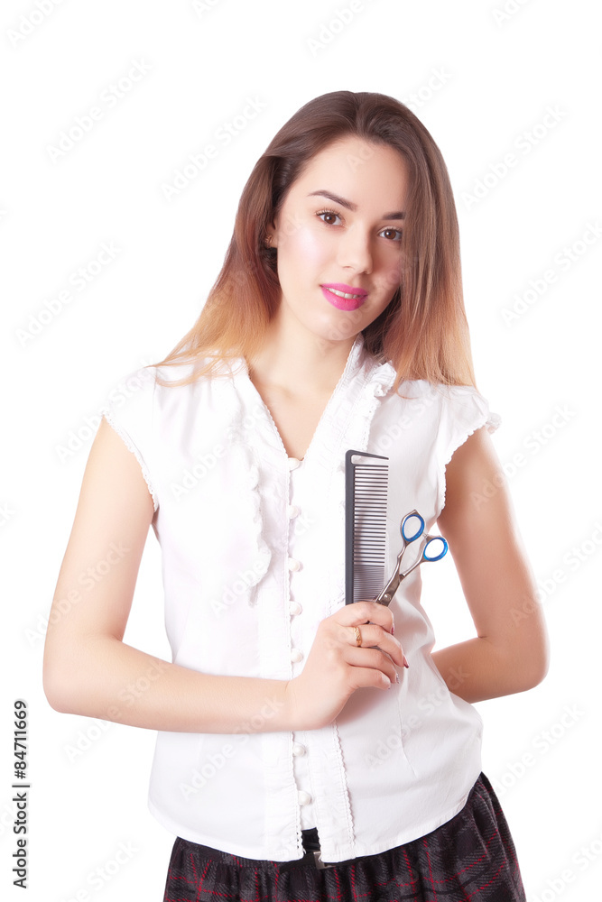 Girl hairdresser with scissors and comb Girl hairdresser with scissors and comb