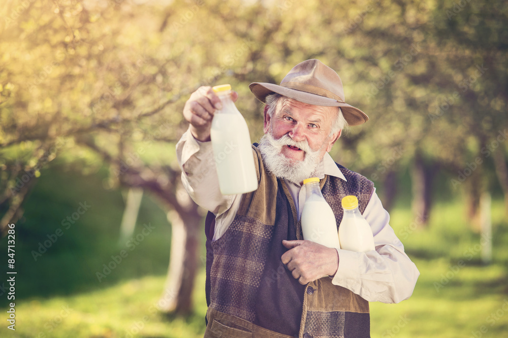 Fototapeta premium Farmer with milk bottles