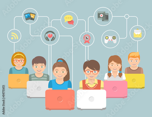 Kids with Computers and Social Media Icons Conceptual Flat Illustration