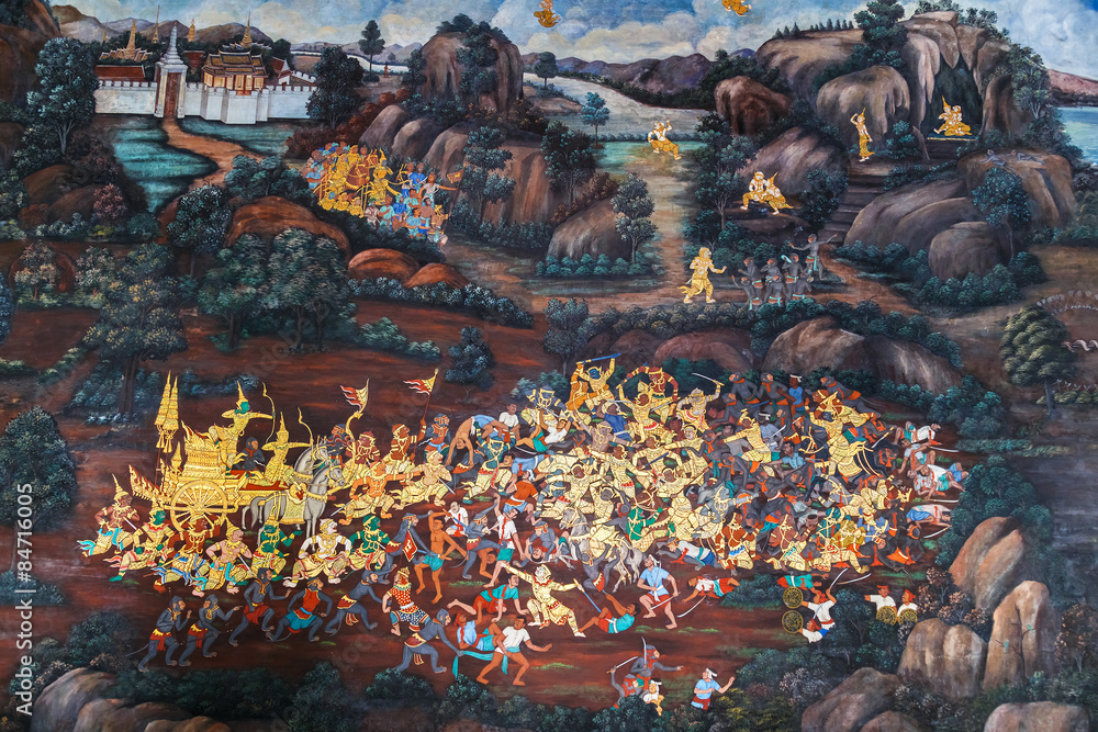 Mural paintings at Wat Phrakaew in Bangkok, Thailand Mural paintings at Wat Phrakaew in Bangkok, Thailand